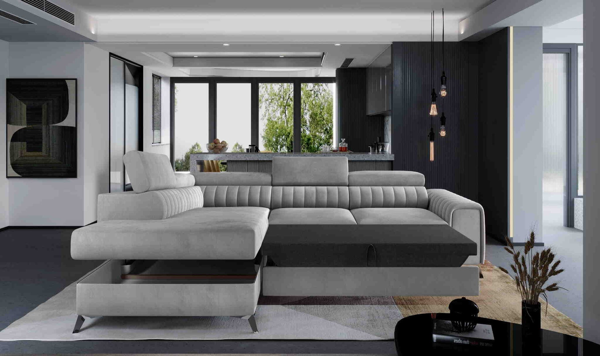 Wunderschöne Wohnlandschaft Laurence mit wunderschönem L-Sofa in Grau mit Stauraum